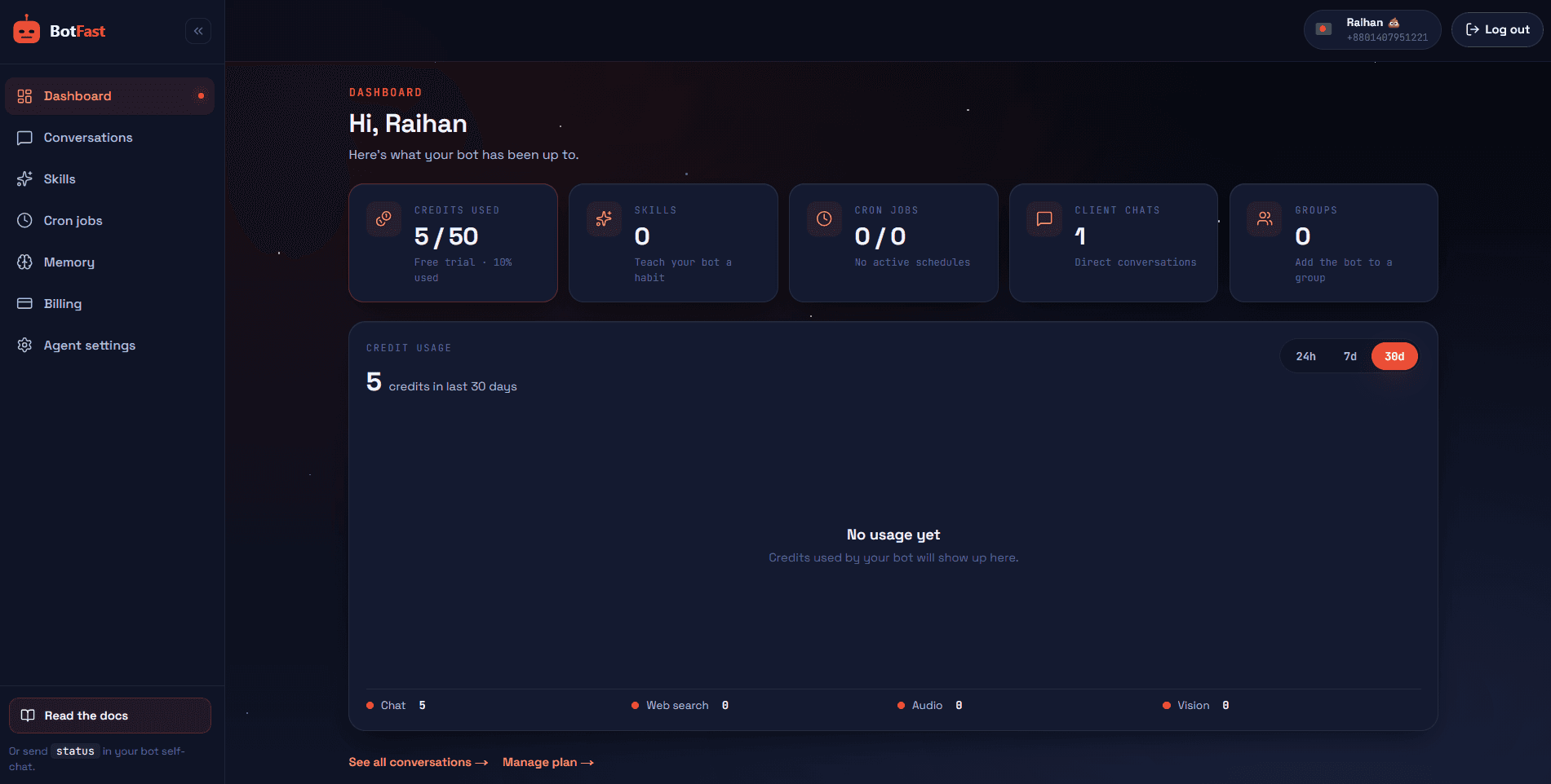 BotFast dashboard overview — stats and credit usage