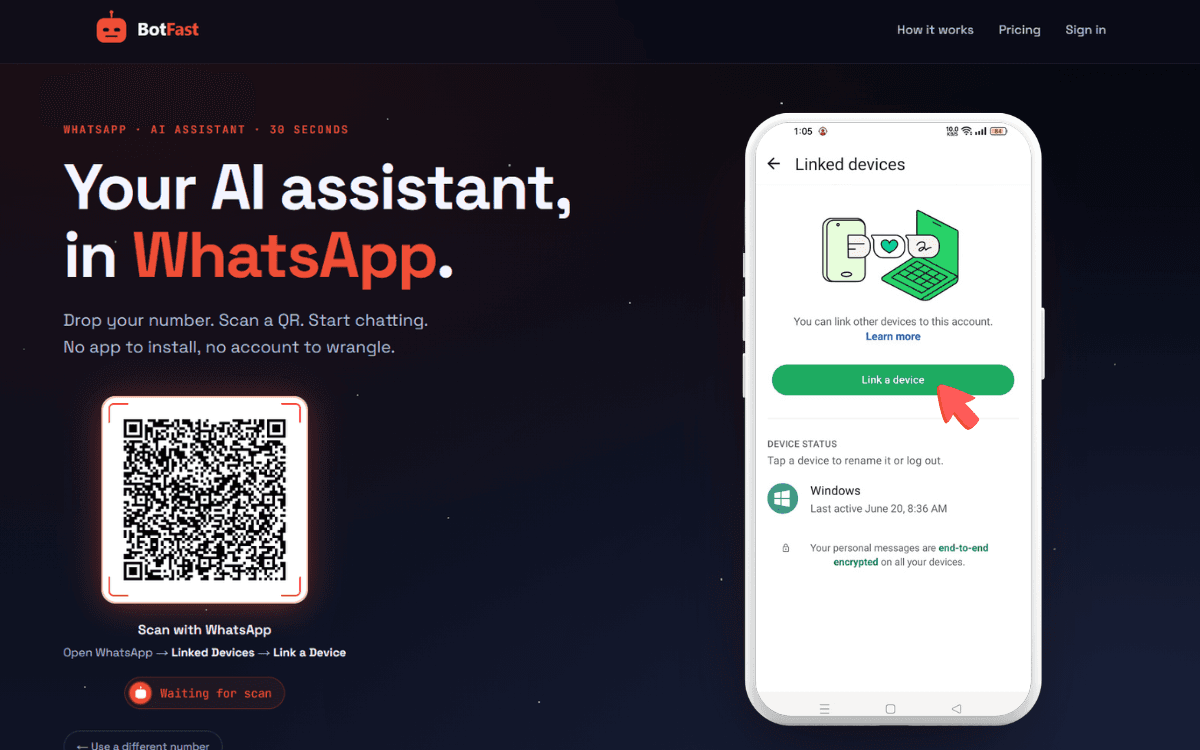 BotFast QR code screen — scan with WhatsApp Linked Devices