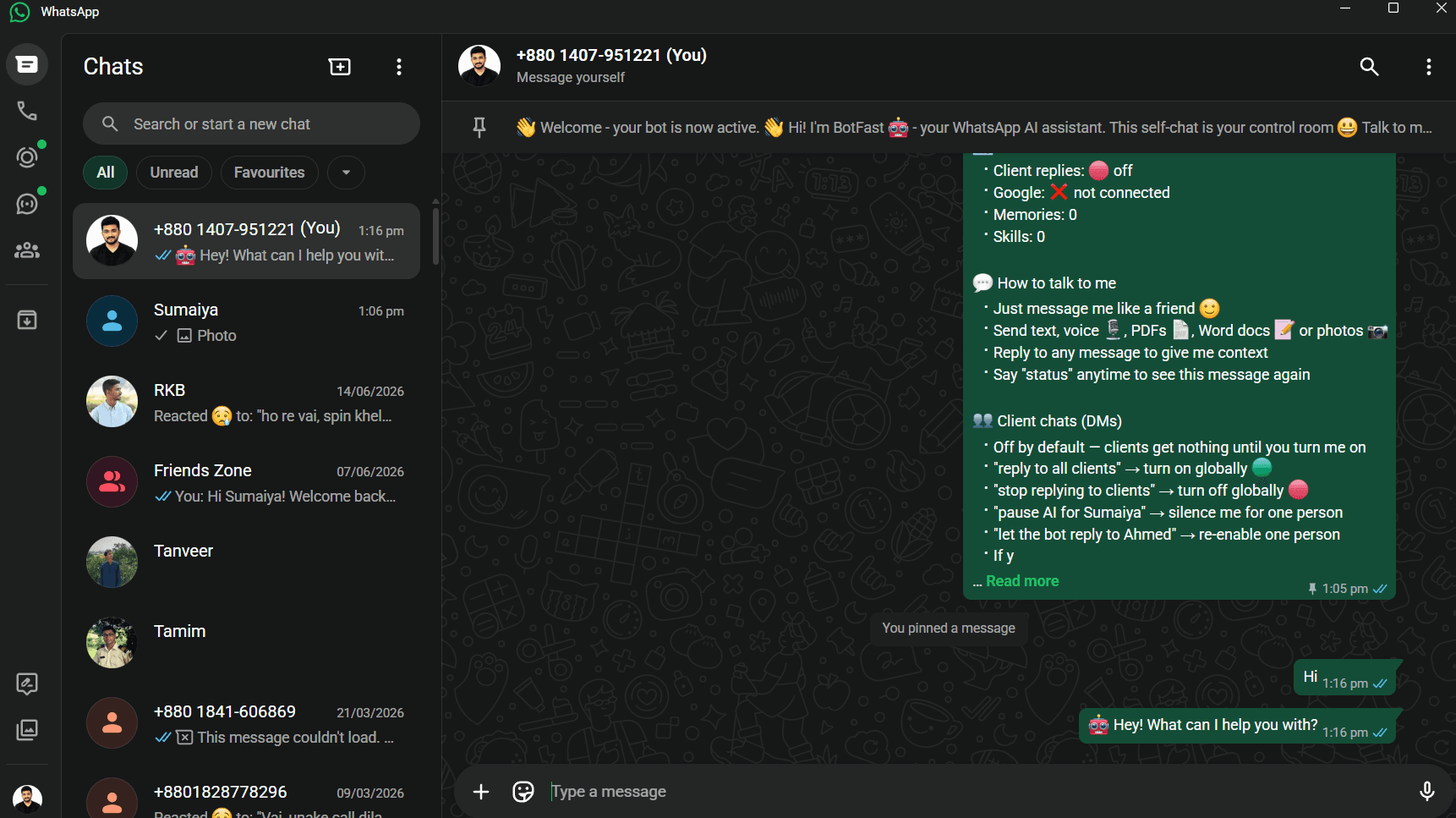 WhatsApp self-chat — talking to the BotFast AI bot to configure it