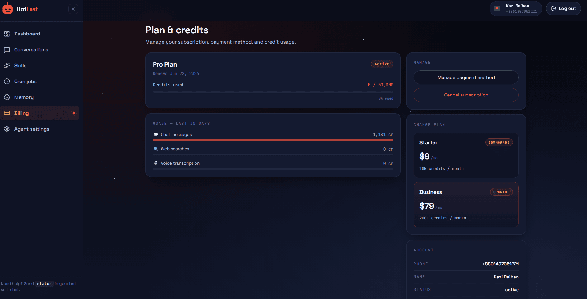 BotFast billing dashboard showing WhatsApp chatbot pricing and credit usage