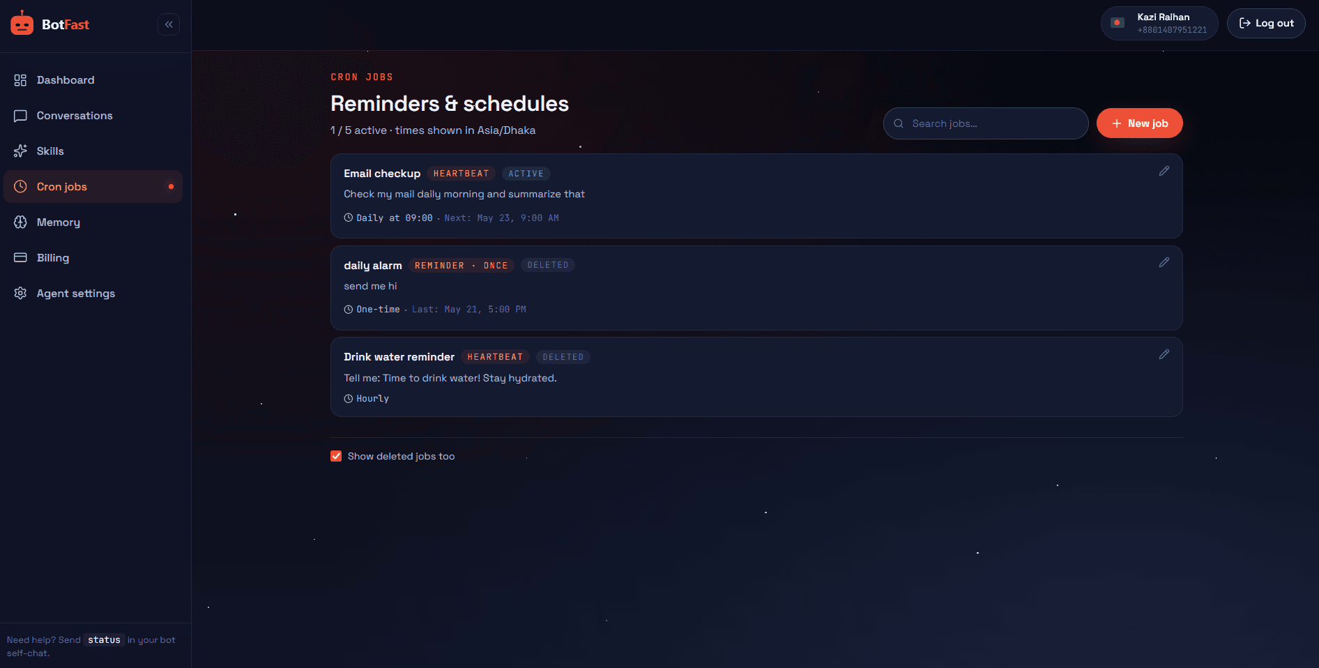 BotFast cron jobs list — every WhatsApp reminder bot schedule in one view