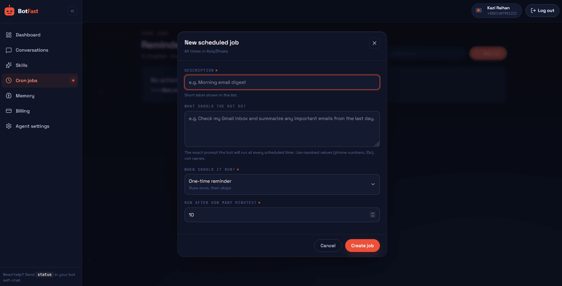 BotFast cron job editor — fine-tune a WhatsApp reminder bot schedule