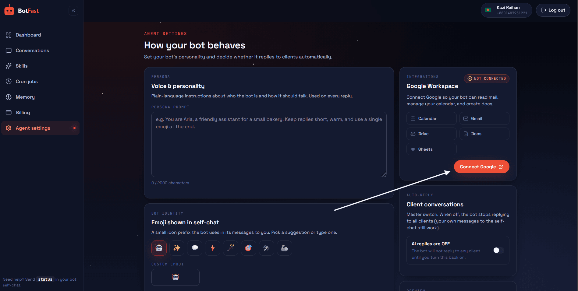 Google OAuth screen for connecting BotFast to Google Workspace