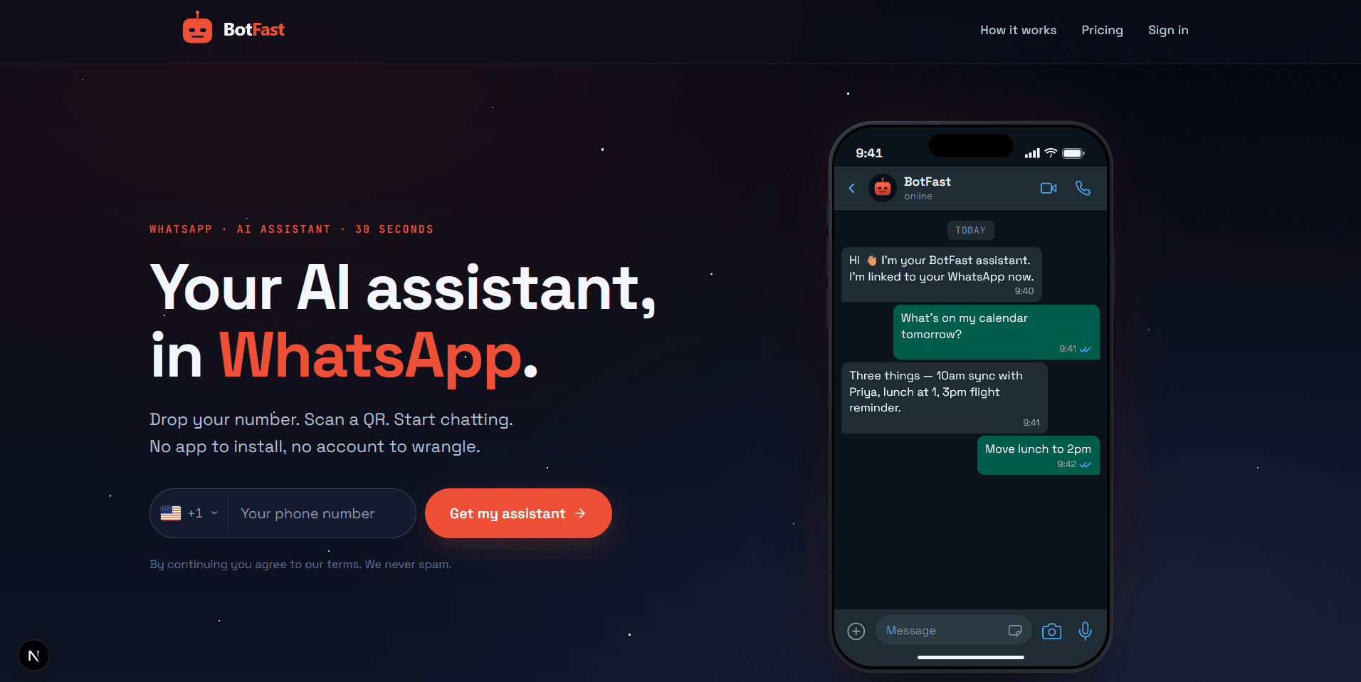 BotFast homepage — enter your WhatsApp number to generate a QR code