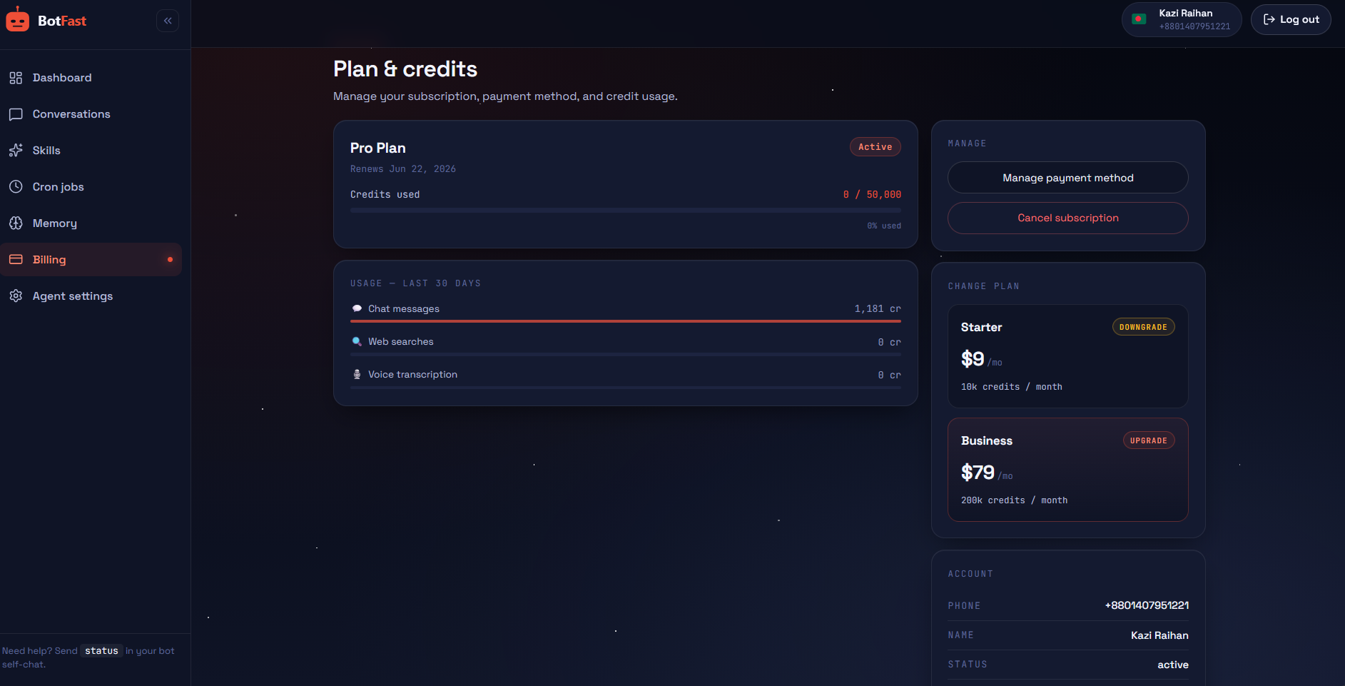 Billing page — plan, credit bar, change/cancel actions, and account snapshot.