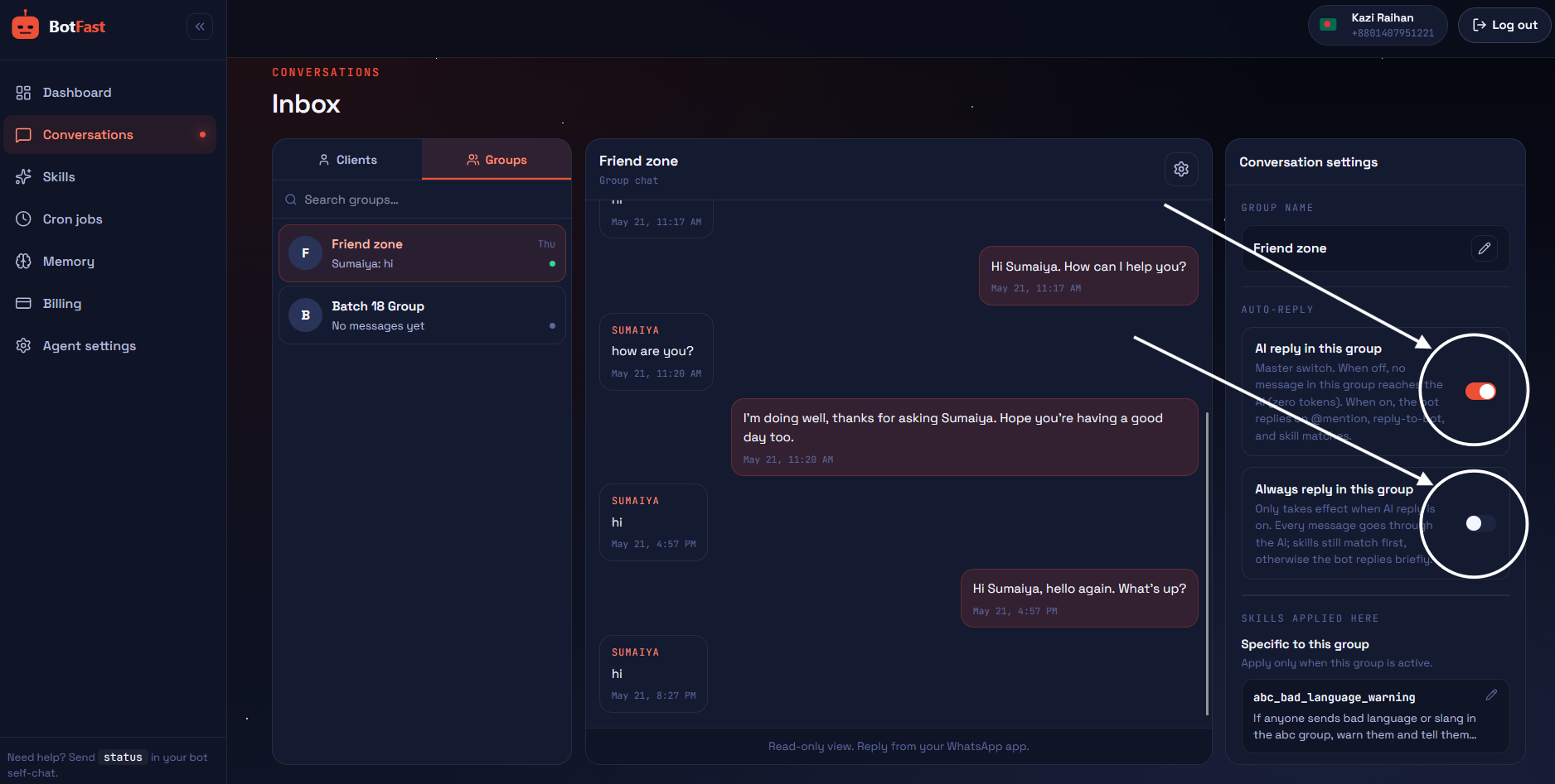 Conversations → Groups tab → master switch + 'Always reply' toggle.