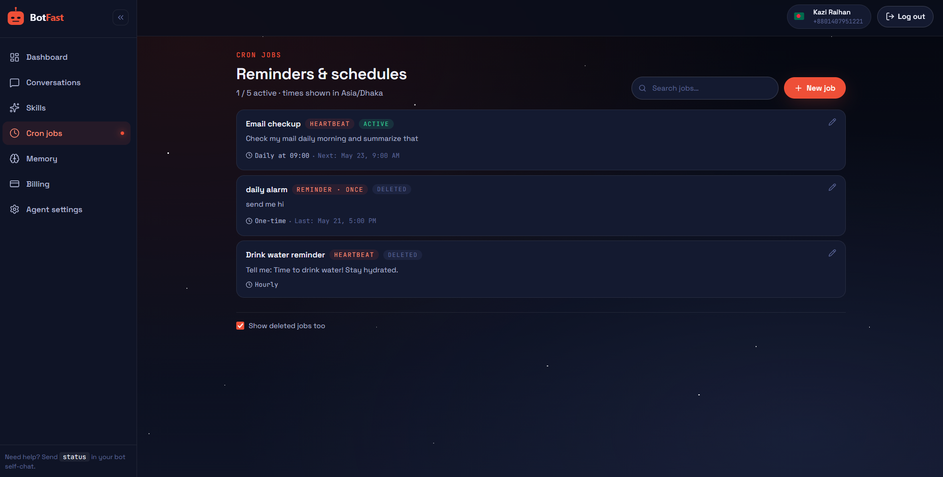Cron jobs page — full list with next-run time and recent executions.
