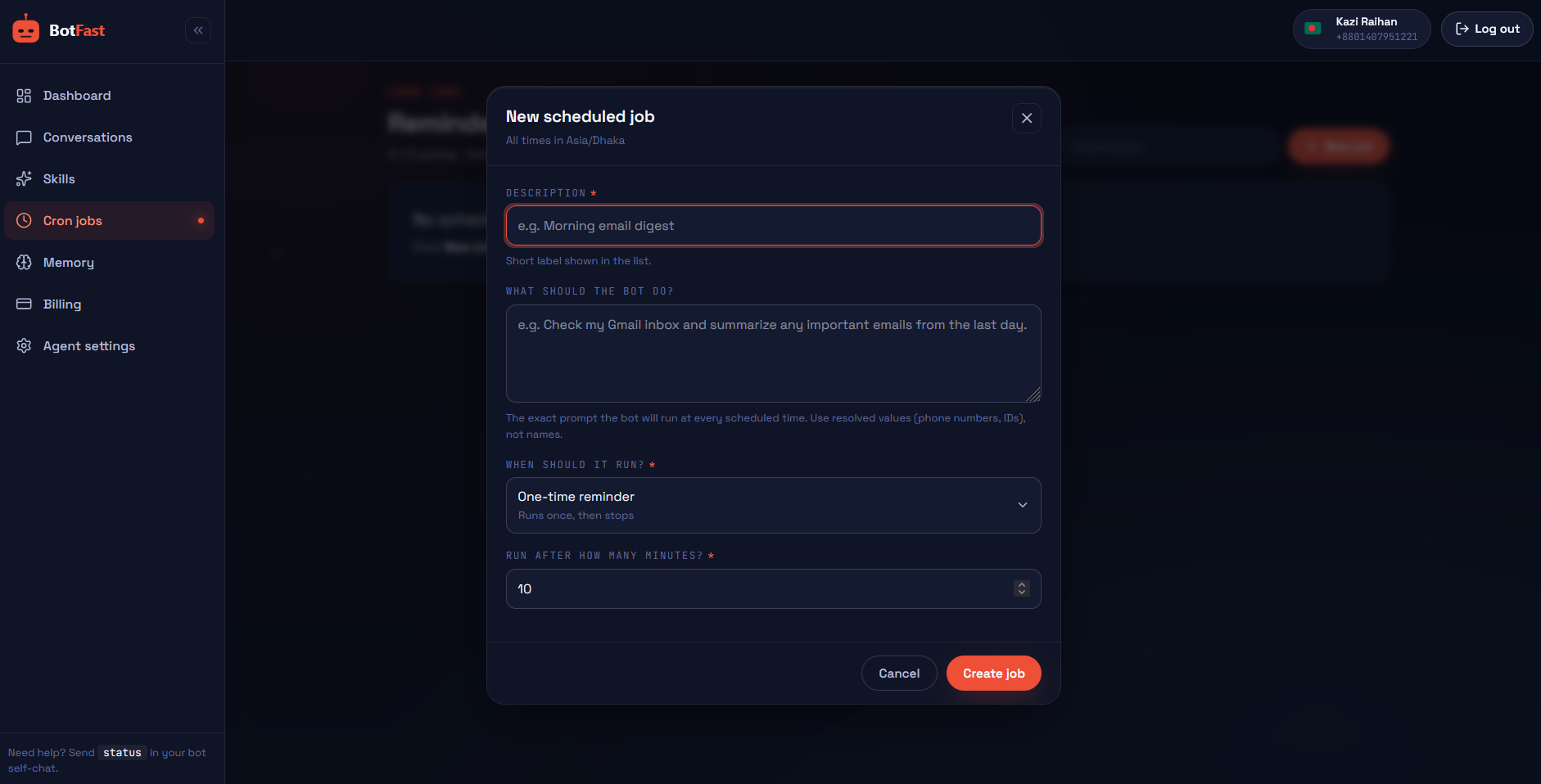 Cron editor — preset picker for daily, weekly, every N minutes, and custom.