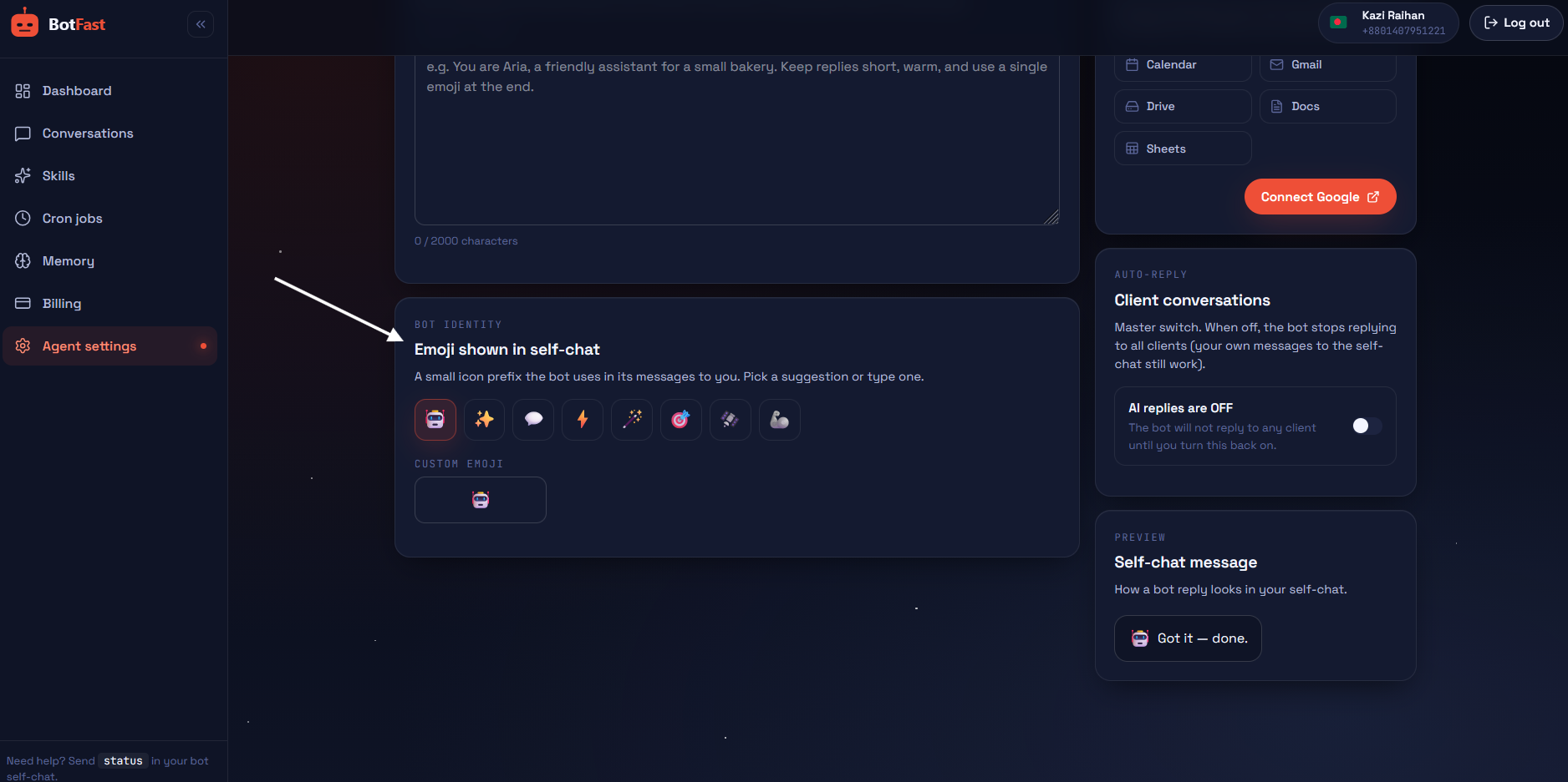 Settings → Bot identity card — emoji suggestions + custom input.