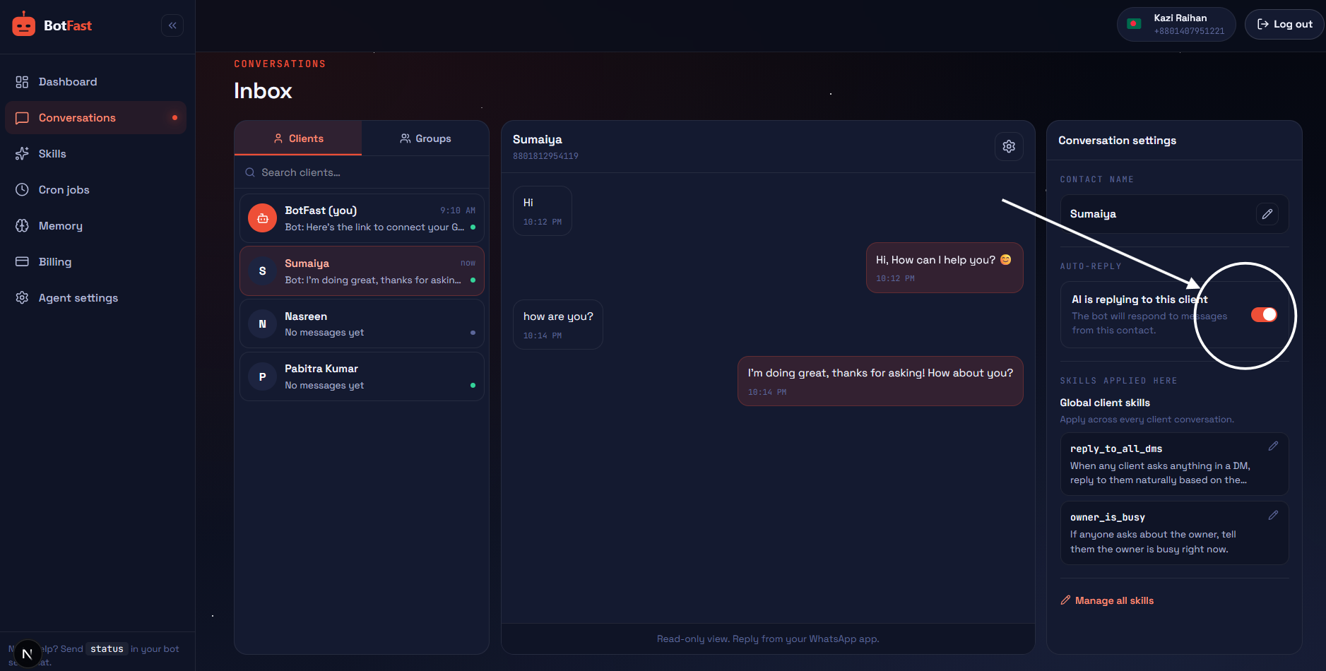 Settings → Client conversations master toggle.