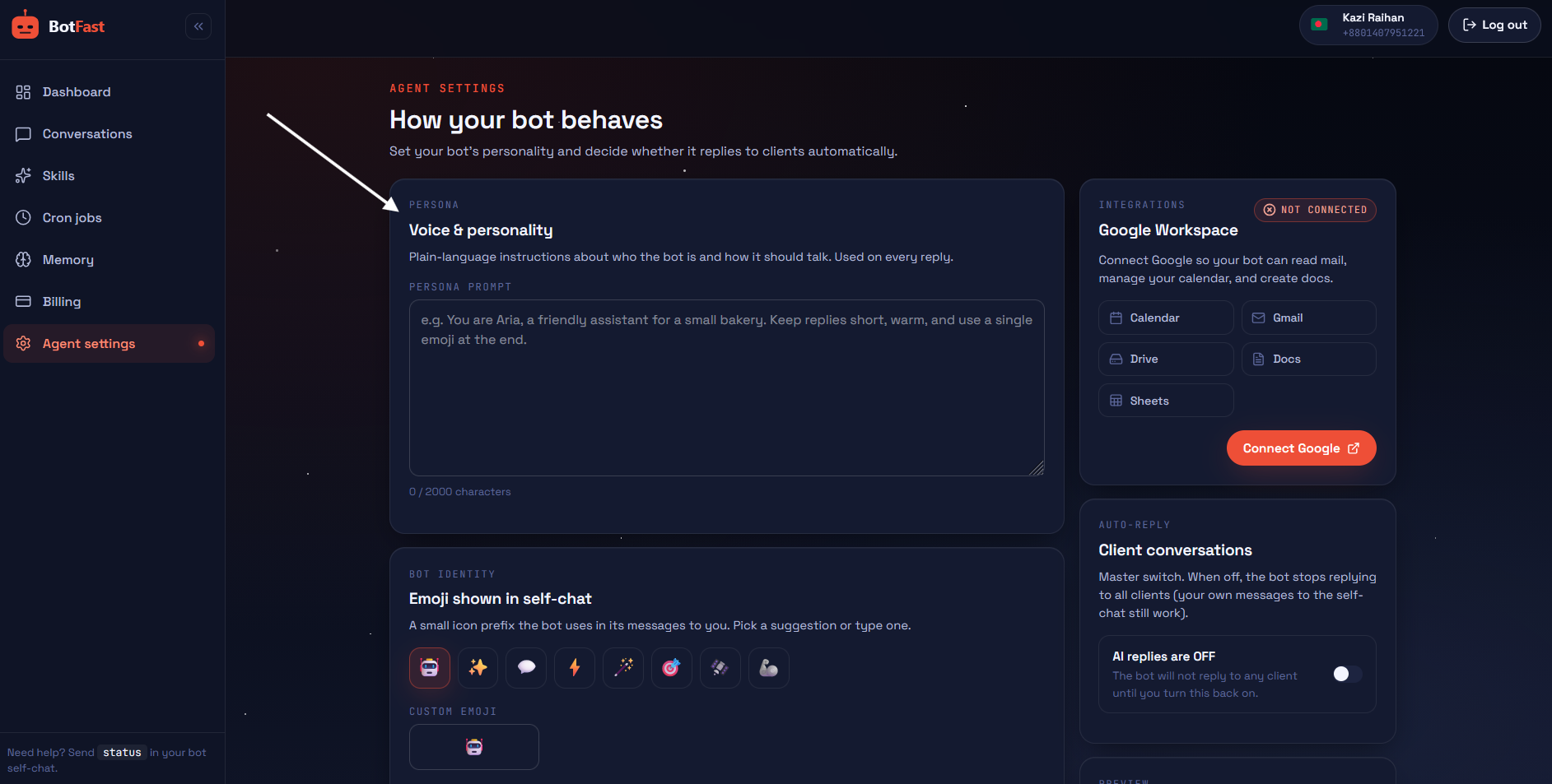 Settings → Voice & personality card.