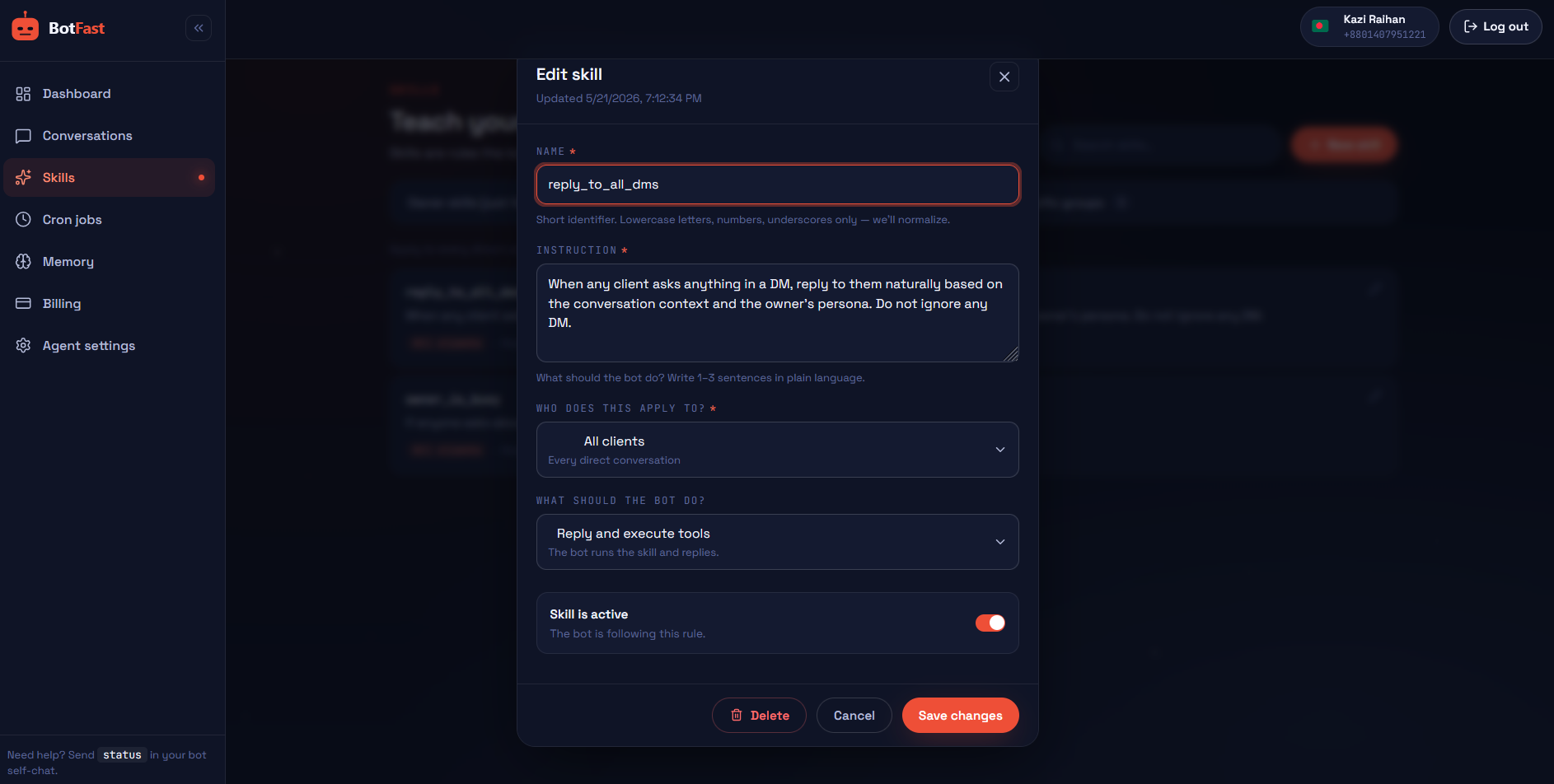 Skill editor — scope picker, reply mode, and instruction.